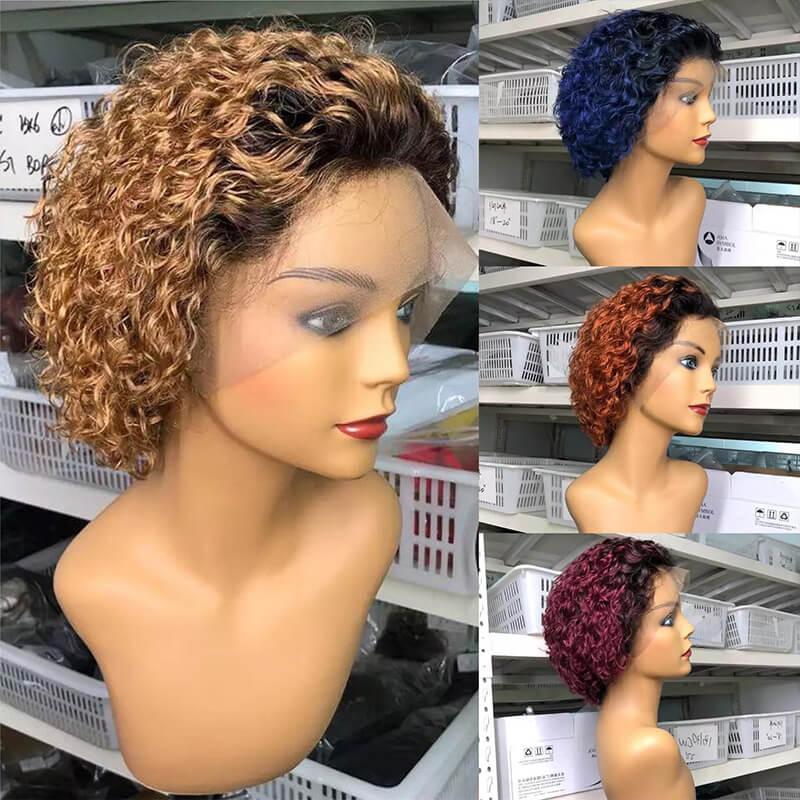 Ombre Pixie Wigs Blue Ginger 99J Color With Dark Roots 13x4 Culry Human Hair Wig [PXW03]