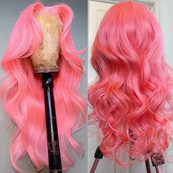 Pink Color Lace Frontal Trasparent Lace Human Hair Wigs 13x4 Pre Plucked Body Wave Wig