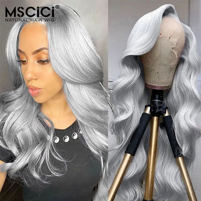 Grey Body Wave Wig 13x4 Transparent Lace Frontal Wig Colored Human Hair Wigs