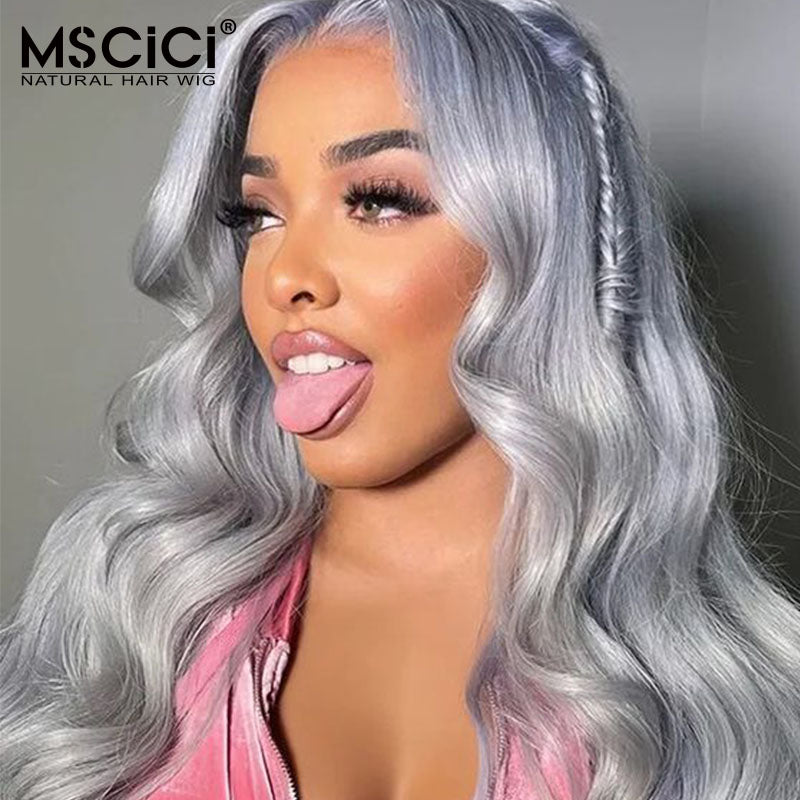 Grey Body Wave Wig 13x4 Transparent Lace Frontal Wig Colored Human Hair Wigs