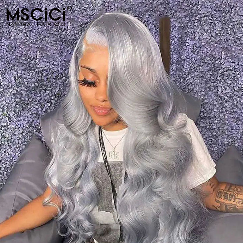 Grey Body Wave Wig 13x4 Transparent Lace Frontal Wig Colored Human Hair Wigs