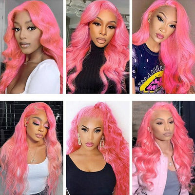 Pink Color Lace Frontal Trasparent Lace Human Hair Wigs 13x4 Pre Plucked Body Wave Wig