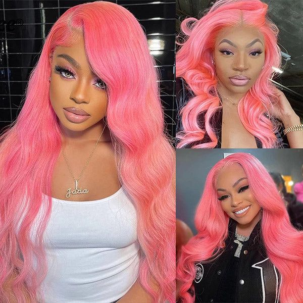 Pink Color Lace Frontal Trasparent Lace Human Hair Wigs 13x4 Pre Plucked Body Wave Wig