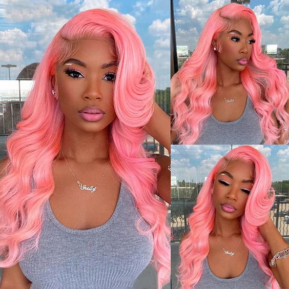 Pink Color Lace Frontal Trasparent Lace Human Hair Wigs 13x4 Pre Plucked Body Wave Wig