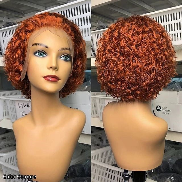 Ginger Pixie Wigs 13x4 Short Curly Human Hair Wigs Glueless Bleached Knots [PXW05]