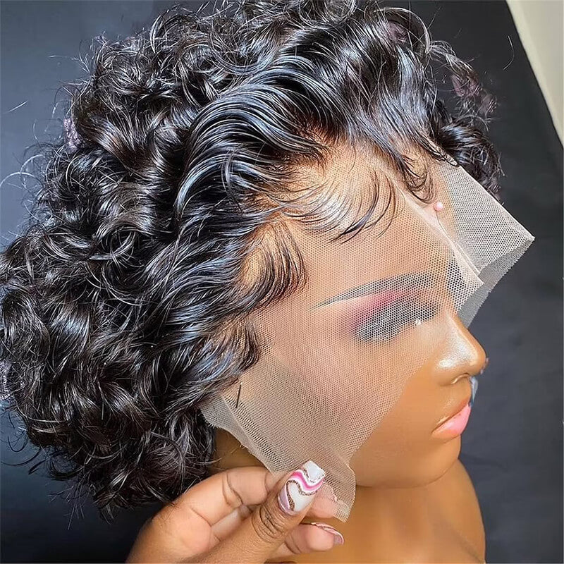 Pixie Wig Short Human Hair Wigs Natural Black 13x4 Curly Glueless Wig [PXW01]